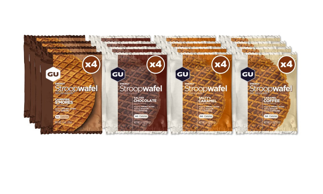 Packaging of GU Stroopwafel snacks in various flavors on a white background