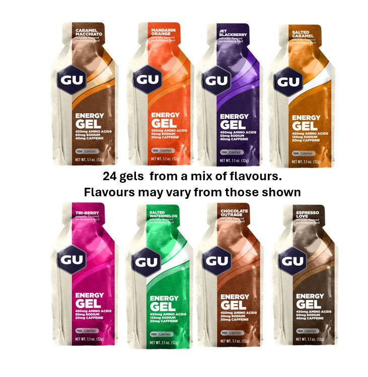 GU energy gel packets in various flavors on a white background